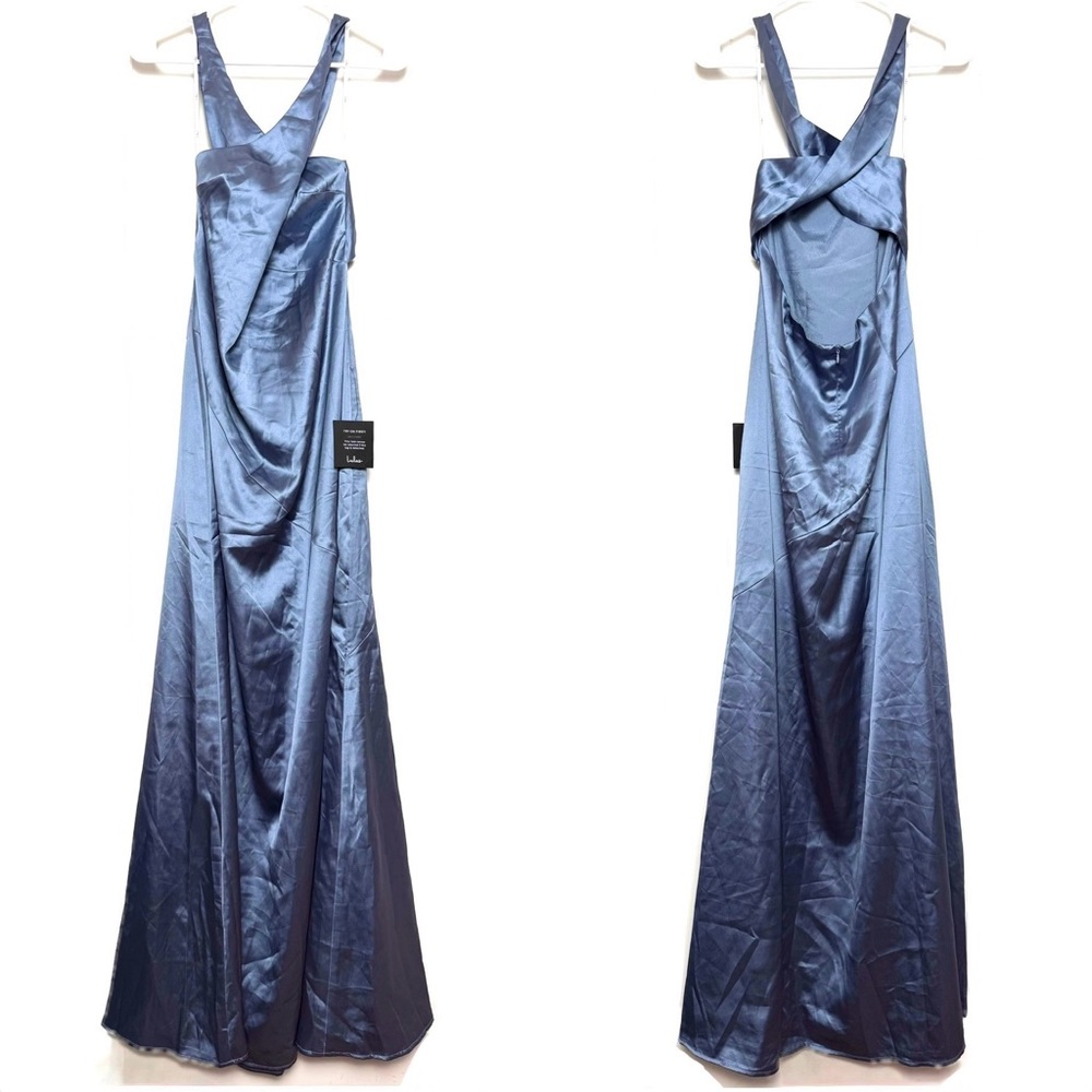 NWT LULUS Blue Satin Twist Open Back Halter V-Neck Sleeveless Maxi Slip Dress XL - Picture 3 of 5